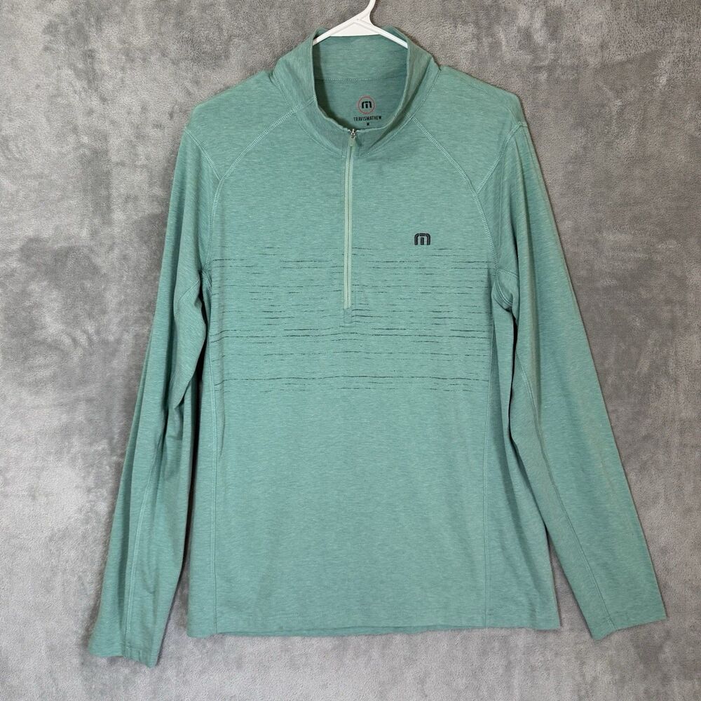 Travis Mathew 1/4 Zip Mens M Gray Green Stripe Performance Golf Pullover Sweater